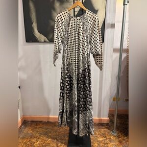 Vintage Indian Block Print Maxi Dress 70s Butterfly Sleeve